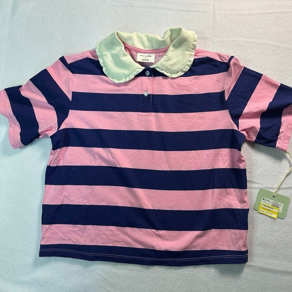 Owillo Girls Youth Large Pink/Blue Short Sleeve Rugby Striped Pullover Shirt